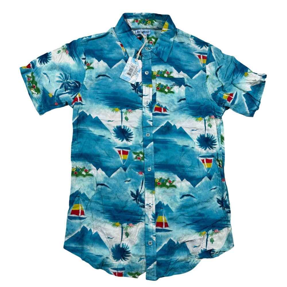 Tommy Bahama Shirt Boys 14/16 Blue Tropical Sailboat NWT Flaw